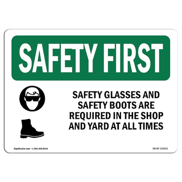 OSHA Sign, Glasses And Boots W/ Symbol, 18in X 12in Aluminum, 18" W, 12" H, Landscape